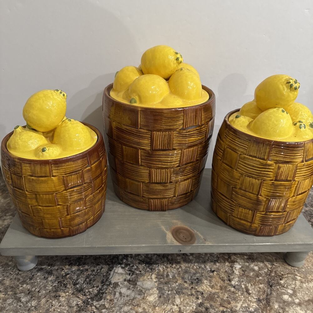 VTG DORANNE OF CALIFORNIA LEMONS IN A BASKET RARE SET OF 3 COOKIE JAR/CONTAINER